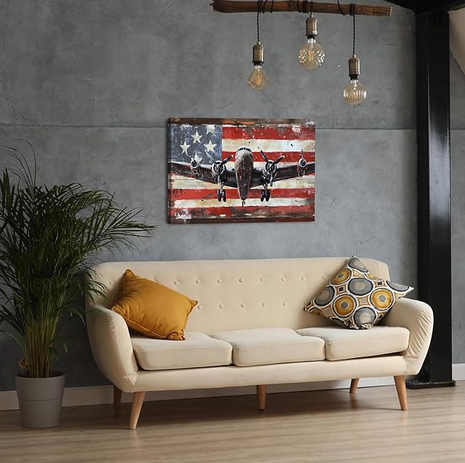 Airplane Wall Art Aviation Decor for Men Office Living Room Home Decorations Vintage Airplane Propeller Wall Decor Retro American Flag Poster Kids Boys Military Fighter Canvas Pictures Artwork 20x30"