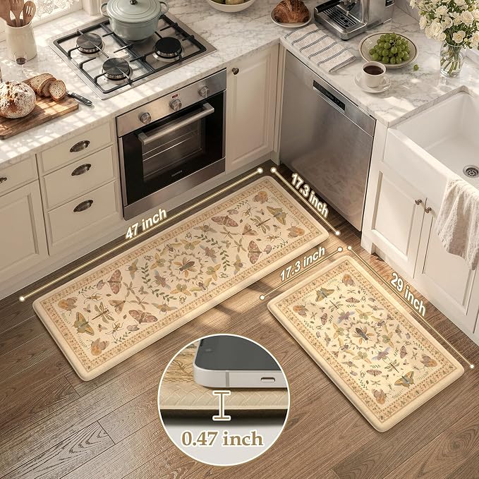 KIMODE Kitchen Mats for Floor 2 Piece Anti Fatigue Cushioned Kitchen Rugs | 17 x29+17"x47", Beige,Vintage Butterfly,Non Slip Waterproof,Memory Foam,Standing Mats,for Laundry Sink Office Home Decor