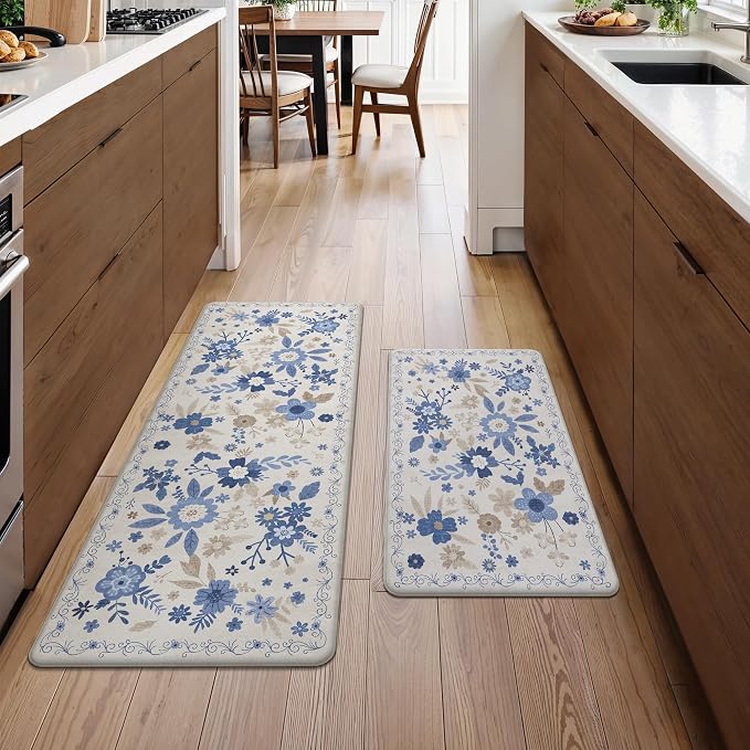GENIMO Anti Fatigue Kitchen Mats for Floor 2PCS, Cushioned Standing Mats | 17.3"x47"&17.3"x30", Beige Blue vintage floral rug set, waterproof, non slip, easy-clean for farmhouse