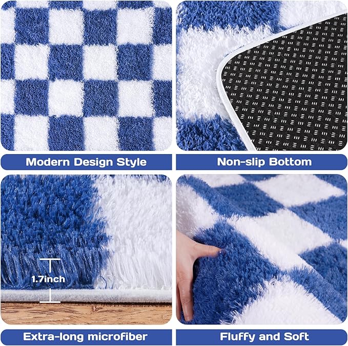Area Rugs for Living Room Bedroom 9x12, Ultra Fluffy Shag Checkered Rug Modern Washable Carpet Soft Shaggy Non Slip Indoor Plush Fuzzy Rugs for Bedroom Dorm Office Home Aesthetic Decor, Navy and White
