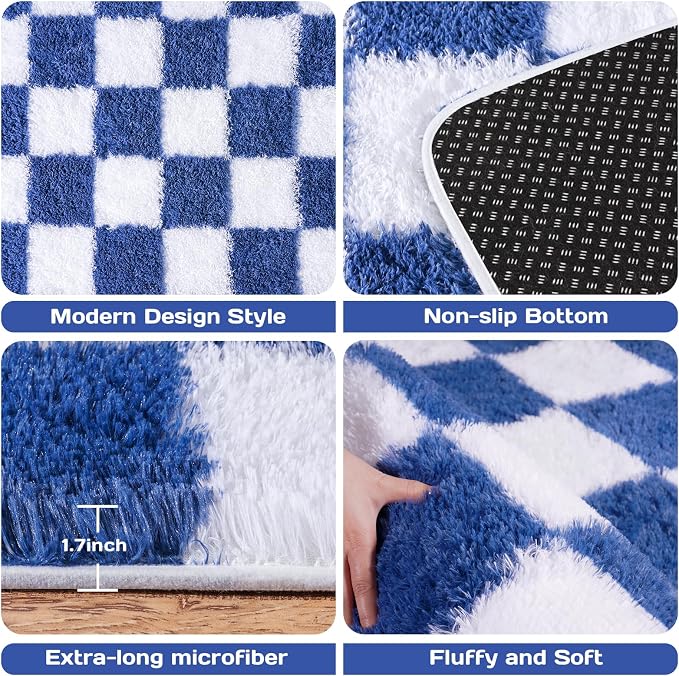 Checkered Rug for Bedroom 5x7, Ultra Fluffy Fuzzy Shag Area Rugs for Living Room, Anti-Skid Indoor High Pile Soft Rug Carpet for Living Room Bedroom Kids Room Nursery, Dorm Home Decor, Navy and White