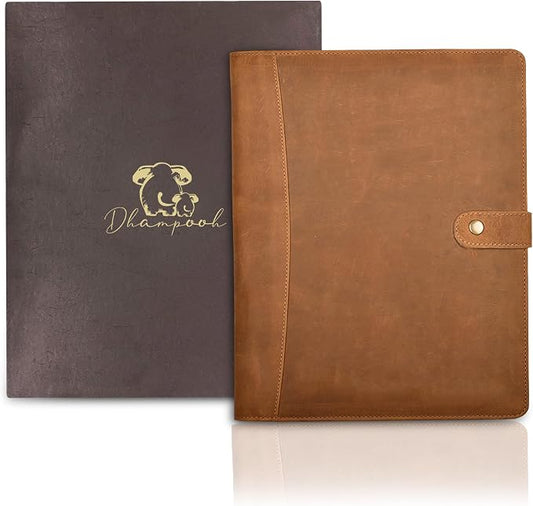 Genuine Leather Portfolio – Tan Brown Professional Organizer & Resume Folder, Antique Leather Business Document Padfolio with Writing Pad, Ideal Gift for Men & Women
