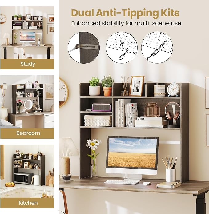 Tangkula Desktop Bookshelf for Computer Up to 32”, 37” Countertop Storage Hutch with 6 Storage Shelves, 3-Tier Desktop Organizer Display Rack, Wooden Desk Hutch for Dorm Home Office (Grey,6 Shelves)