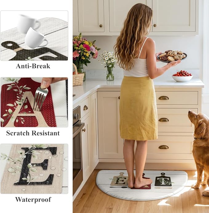 KIMODE Half Circle Anti Fatigue Mats for Cushioned Kitchen Mats for Floor | 18"x28",Red,Country Vintage,Non Slip,Kitchen Mats Waterproof,Memory Foam,Comfort, Half Round Small Standing Mat Decor