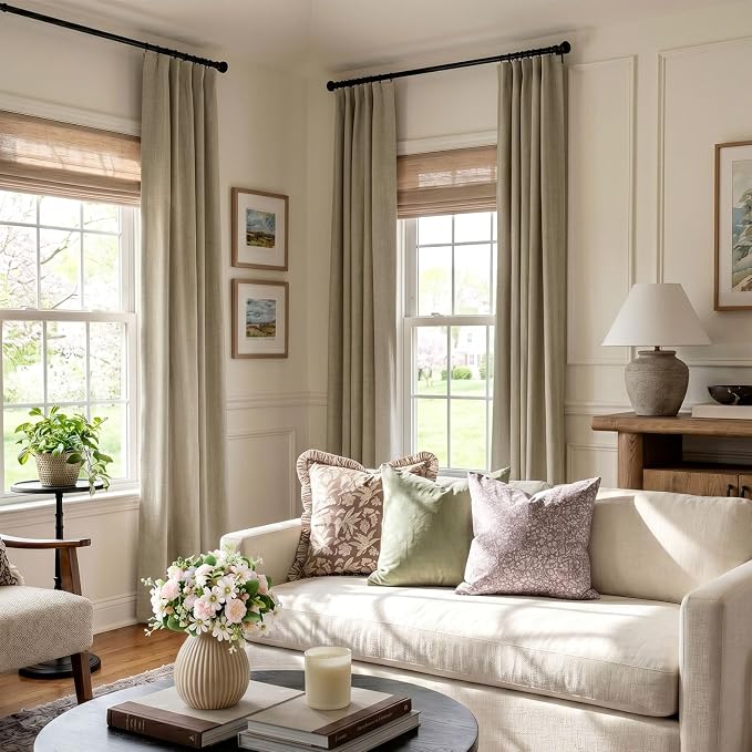 INOVADAY 100% Blackout Curtains for Bedroom, Earthy Beige Black Out Curtains 90 Inch Long, Clip Rings Linen Blackout Drapes, Thermal Insulated Room Darkening for Living Room, 2 Panels - W50xL90