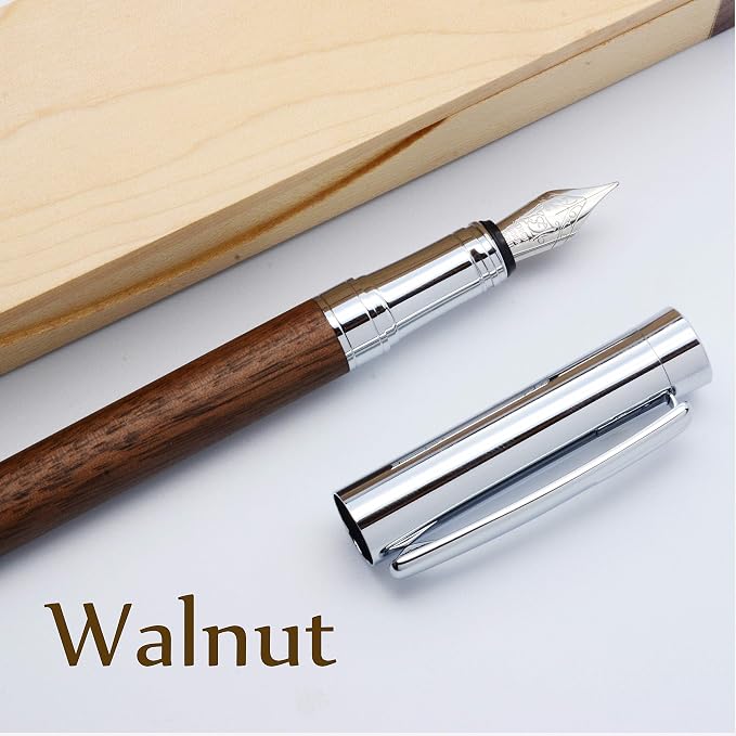 LACHIEVA LUX Walnut Fountain Pen, German Fine Nib, Smooth Ink Flow, Wooden Gift Box with Converter & 2 Cartridges, Fancy Pen for Men and Women