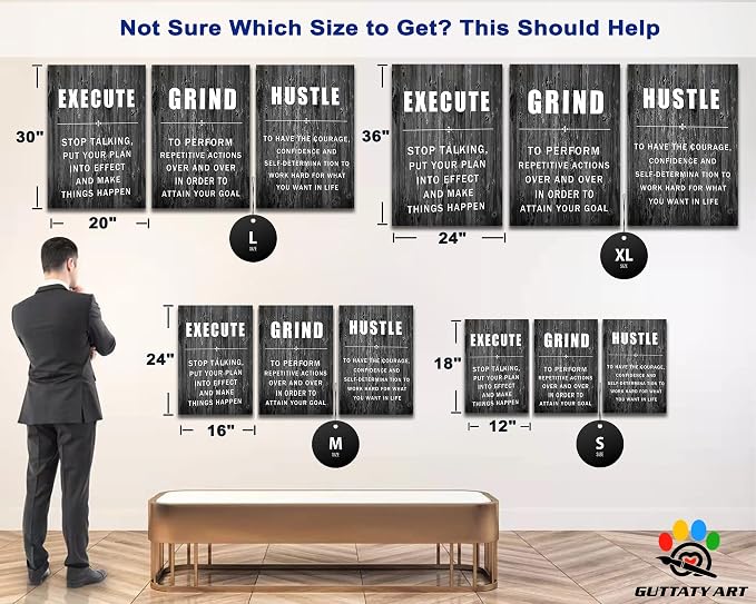Office Wall Art - 3 Panel Motivational Wall Art, Inspirational Quotes Canvas Art for Home Office Wall Decor, Positive Quotes Wall Decor, Entrepreneur Grind Hustle Execution Poster Frame (20”x30”x3Pcs)