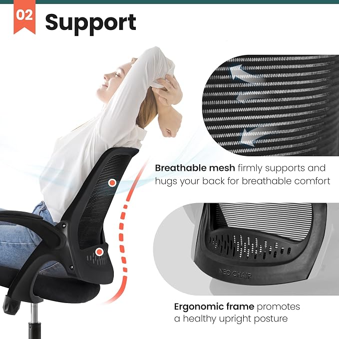 NEO CHAIR Office Desk Gaming Ergonomic Computer Chair with Lumbar Back Support Adjustable Height Swivel Rolling Wheels Flip-up Arms Mesh Chair for Home Vanity (Black)