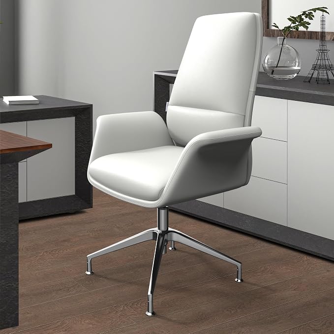 LeisureMod Mid-Century Modern Swivel Office Chair, Adjustable Height with Faux Leather Seat and Aluminum Frame (White, Set of 4)