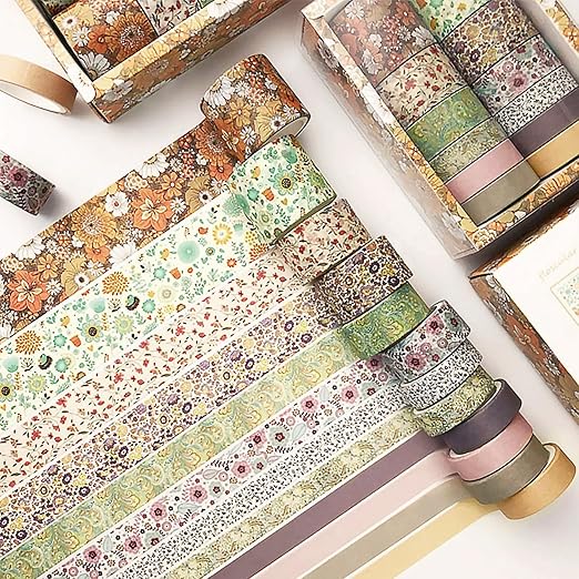 CooBigo 12 Rolls Washi Tape Set, Decorative Masking Tapes for Arts Scrapbook Planner Journaling Supplies Gift Wrapping DIY Crafts (Flowers)