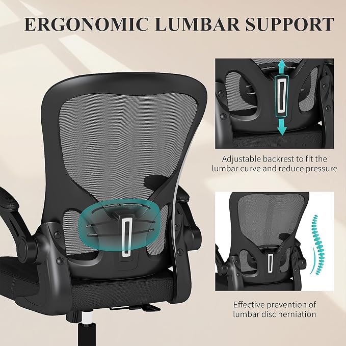 Flysky Mesh Office Chair, Ergonomic Computer Desk Chairs for Home Office - with Comfy/Comfortable Flip-up Arm Rests, Lumbar Support, Height Adjustable, 360 Degree Rolling Swivel (Black, 10 Pack)