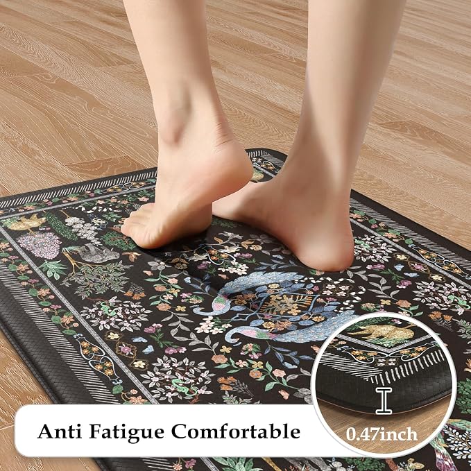 KIMODE Anti Fatigue Kitchen Mats for Floor 2 Piece, Black Vibrant Floral Kitchen Rugs 17"x47"+17"x29", Non Slip Waterproof Kitchen Floor Mats, Standing Mats for Laundry Office Sink Desk