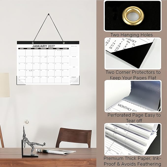 Desk Calendar 2026-2027, 18-Month Through Dec 2027, Large 17"x12" Desk/Wall Calendar, Ample Space, Thick Paper, Plastic Cover, Monthly Calendar Perfect for Home School & Office Organization