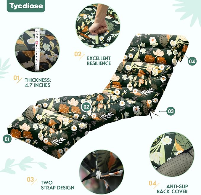 Outdoor Chaise Lounge Chair Cushion Set of 4, Waterproof 74.4 x 22 x 4.7 Inches Memory Foam Thickened Lounge Chair Cushions Replacement for Outdoor Furniture with Ties, Green Floral