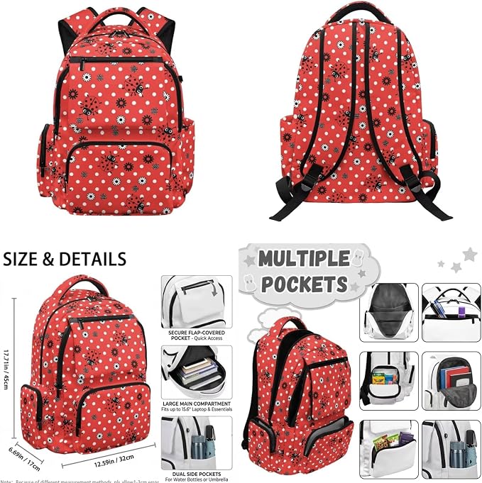 WELLFLYHOM 4 PCS Red Polka Dot Ladybug 17 Inch Backpack for Girls Ages 8-12 | Complete School Backpack Set with Matching Lunch Box, Pencil Case and Water Bottle Sleeve, Durable for Junior High Students