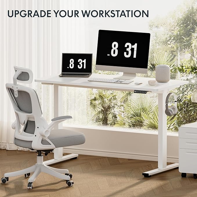 FLEXISPOT EN2 Standing Desk Frame with Clamp Power Strip and Cable Management Tray, Electric Sit Stand Desk Base with Memory Controller for Home and Office (White Frame Only)
