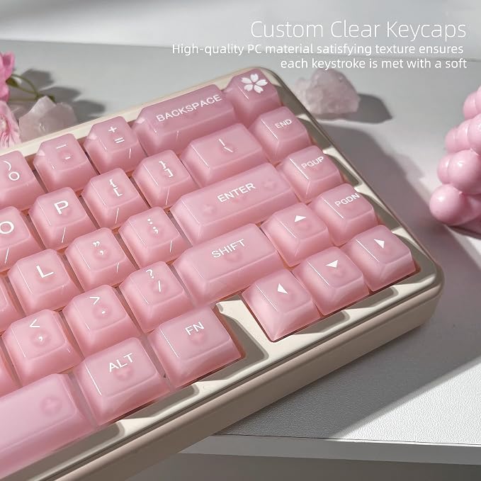 Womier Jelly Keycaps Pink, Clear Shine Through Keycaps, Transparent Custom Cherry Profile Keyboard Key Cap 115 Keys 60 65 75 100 Percent for Gateron Mechanical Keyboards(Pink)