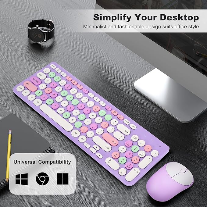 Wireless Keyboard and Mouse Combo, Retro Typewriter Keyboard with Round Keycaps, 2.4GHz USB Cute Wireless Keyboard Mouse for Computer, Desktop, Laptop (Purple Colorful)