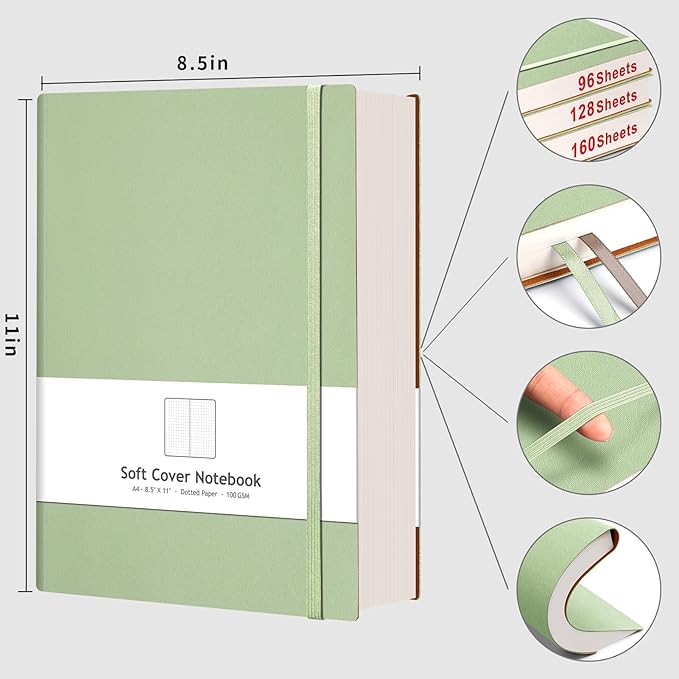AHGXG Dotted Journal - Large A4 Notebook Dotted, 8.5''×11'', 320 Pages Dot Grid Notebook, 100gsm Thick Paper, Leather Softcover, with Journal Stencils, Inner Pocket, Light Green