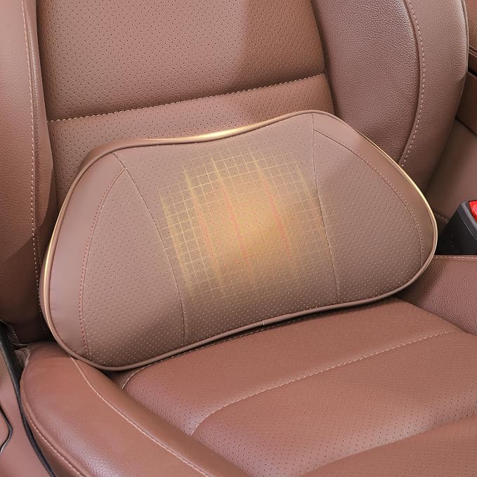 Car Lumbar Support Pillow for Driving Seat, Brown, 1 Pack | Leather Memory Foam Lumbar Cushion for Lower Back Pain Relief, Universal Back Support for Driving, Home & Office Chairs