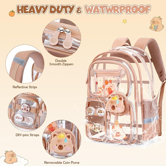 Capybara Theme Clear Backpack,Heavy Duty Transparent Backpack for Girls with Lunch Box Pencil Case,See Through Bookbag for Kids Teens Elementary Middle High School Stadium Approved