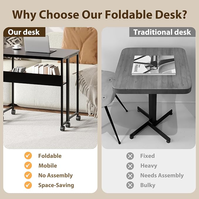 Folding Desk Small Rolling Desk with Storage Shelf,31.5 Inch Foldable Computer Table with Wheels,Portable Office Desk for Small Space Sofa Table,Easy to Fold,Writing Work Office Computer Desk,Black