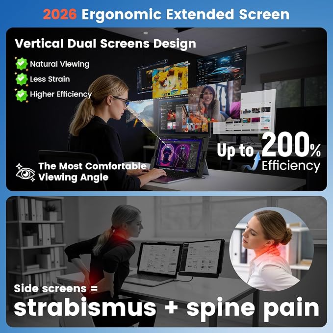 SMISEACOW Laptop Screen Extender 15.6" for 13-17.3'' Laptops, Portable Dual Monitor for Laptop, Ultra-Slim Clamp-On Vertical Dual IPS 1080P Screen Monitor Extender, USB-C HDMI for Office Travel