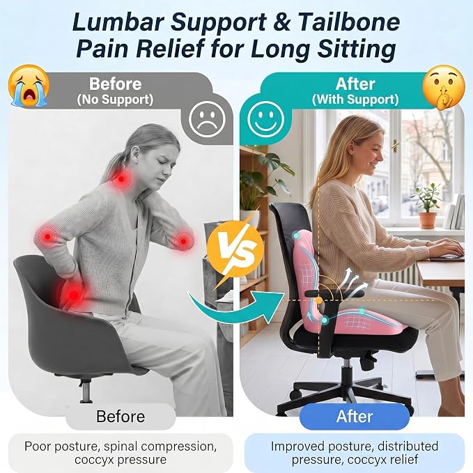 Ergonomic Seat Cushion with Lumbar Support (Pink) | Office Chair Seat Cushion, Memory Foam Orthopedic Cushion with Tailbone Hollow, Sciatica & Back Pain Relief for Long Sitting