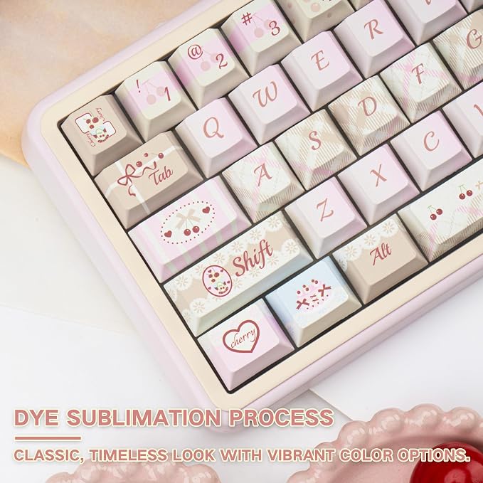 Dye Sub PBT Keycaps Set 145 Keys, Cute Pink Keycap, Cherry Profile Custom Keycaps 60 65 75 100 Percent for 61/64/68/84/87/100/104/108 ANSI ISO Layout MX Switches Gaming Mechanical Keyboard