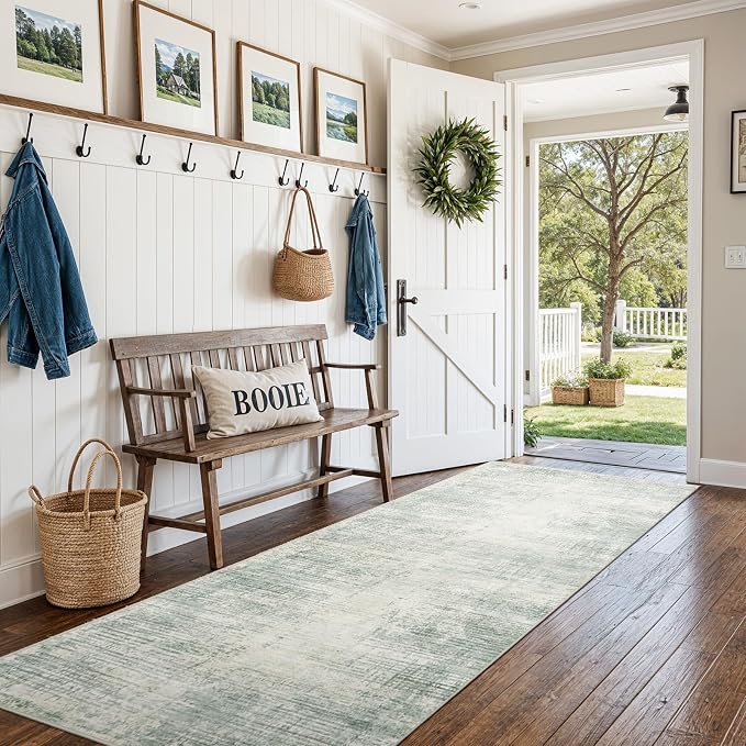 3x8 Hallway Washable Runner Rug - Non-Slip Kitchen Rugs with Rubber Backing Abstract Neutral Low-Pile Carpet Runners for Laundry Room Home Decor Bedroom Bathroom Entryway (Green,3x8)