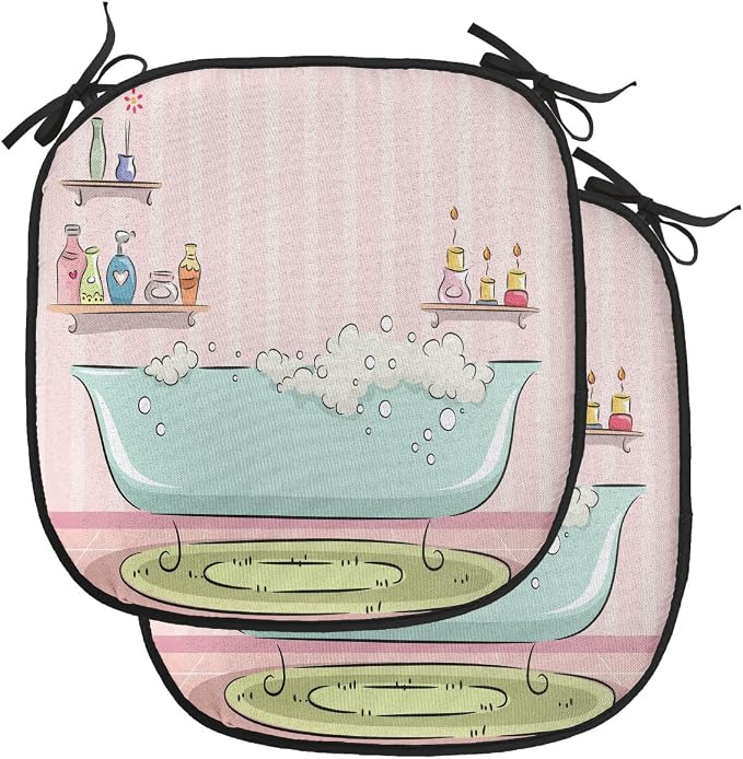 Lunarable Feminine Chair Cushion Pads Set of 2, Illustration of a Bathtub with Bubbles in Girly Room Aroma Oil Aromatherapy, Anti-Slip Seat Padding for Kitchen & Patio, 16"x16", Pink and Blue