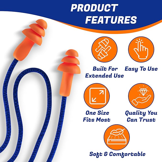 Quality Reusable Earplugs 20 Pair - 25dB Corded Silicone Ear Plugs for Shooting Construction Work Ear Plugs Motorcycle Range Hunting Hearing Protection Ear Protection for Mowing Earplugs Reusable