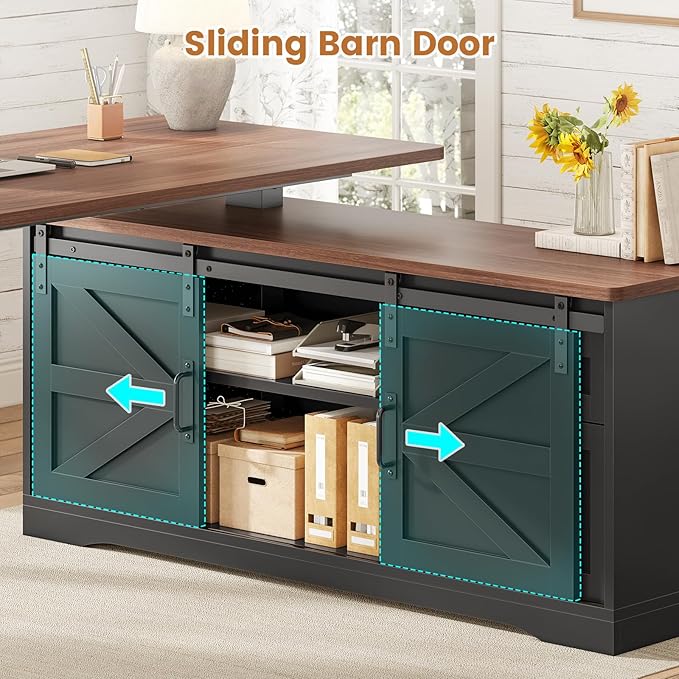 SEDETA Farmhouse L Shaped Standing Desk, 55 inch Height Adjustable Corner Desk with Storage Drawers, Standing Computer Desks with Power Outlets for Home Office, Black