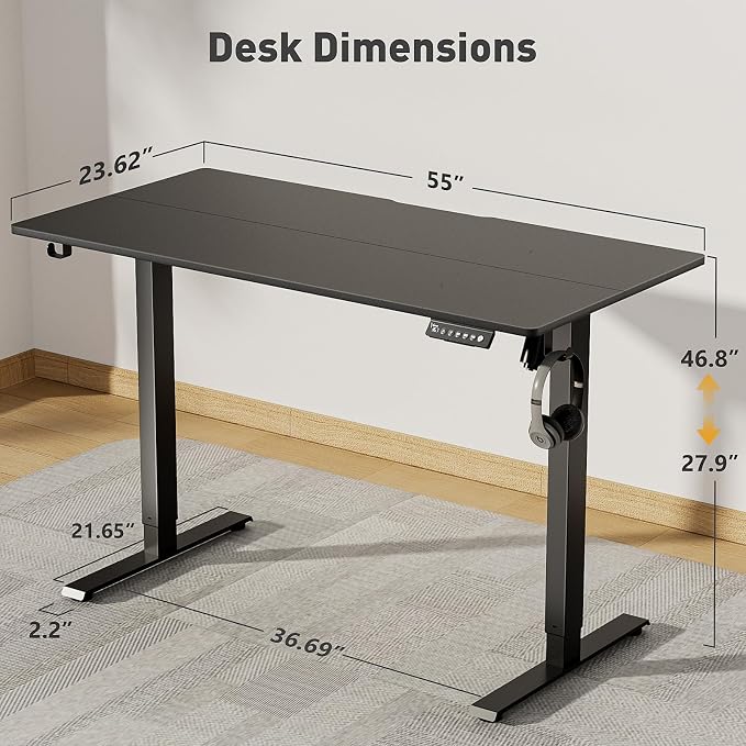55x24 in Electric Standing Desk,Adjustable Height with Wheels,Black | Spliced Desktop,27.9"–46.8" Height Range,4 Memory Presets,Lockable Wheels,Headphone Hook,Sit Stand Desk,Home Office