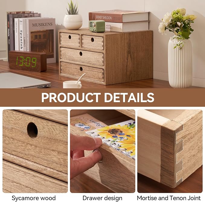 KIRIGEN Wood Desk Organizer with 4 Drawers, Desktop Storage, Brown 34-DBR | 3-Tier Solid Wood Cabinet Holds Letter-Size Paper, Mail, Makeup, Crafts, and Home Office Supplies, Fully Assembled