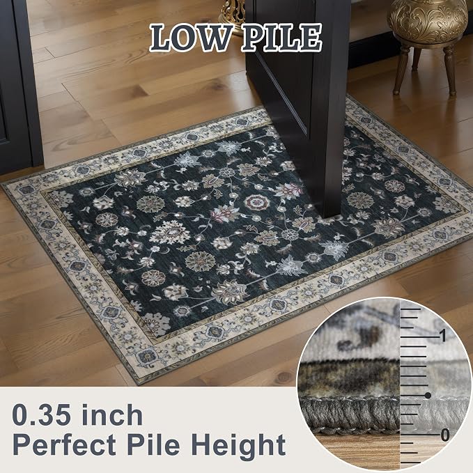 Tangsoo Vintage Black 8x10 Washable Area Rugs for Living Room, Oriental Floral Indoor Non Slip Large Area Rugs, Boho Carpet Soft Low Pile Foldable Floor Rug for Bedroom Dining Room Office