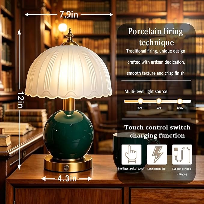 Living Room Vintage Ceramic lamp,12 inch Modern Rechargeable Touch Light, Stepless Light Adjustment Desk Lamp, Classic Chinese Style Emerald Green