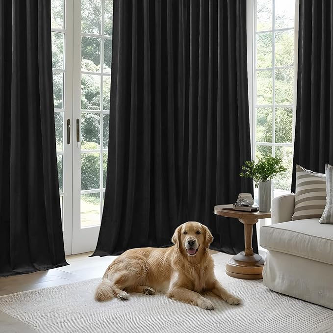 108 Inch Extra Long Blackout Velvet Curtains for Bedroom Living Room, Thermal Insulated Room Darkening Curtain Super Soft Luxury Window Drapes, Back Tab & Rod Pocket, W52 x L108, Black, 2 Panels