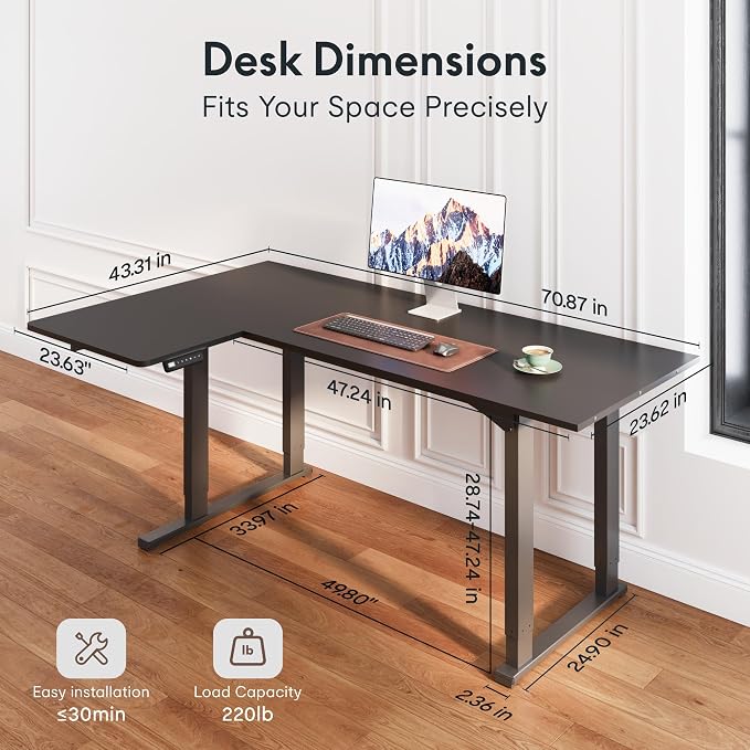 FLEXISPOT 4-Leg L-Shaped Standing Desk, 71 x 43 Inches, Black | Electric Height Adjustable, 220lb Load Capacity, Reversible L/R Corner Desk, Home Office, Gaming & Study