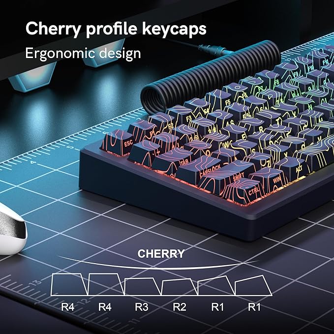 dagaladoo Double Shot PBT Keyboard keycaps Set,Black Topographic,Shine Through Custom keycap,Side Printed keycaps dye sub,Cherry Profile keycap for TKL US Layout Mechanical Keyboard(134keys)