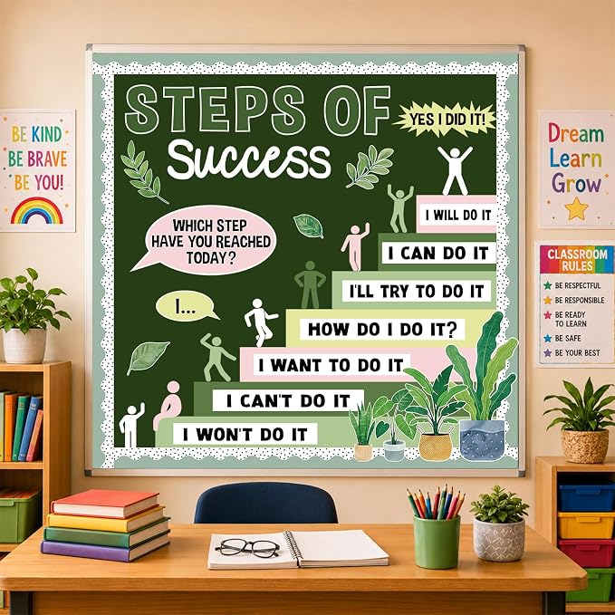 Motivational Bulletin Board Decorations Set Back to School Positive Classroom Decor Steps of Success Paper Cutouts Educational Sayings Accents for School Door Wall Chalkboard Decor Supplies (Plant)