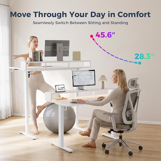 Klicelor Electric Standing Desk with Shelf, 48 Inch Height Adjustable Desk with Power Outlets & LED, Sit Stand Up Table with Monitor Stand, Computer Workstation for Home Office, White