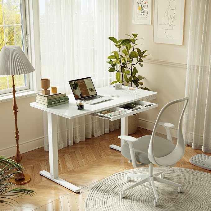 CubiCubi 55x24 Standing Desk with Glass Top, Height Adjustable Computer Desk with Drawer, One-piece Rising Home Office Desks with Positon Memory, Sit Stand Up Electric Workstation Table, White