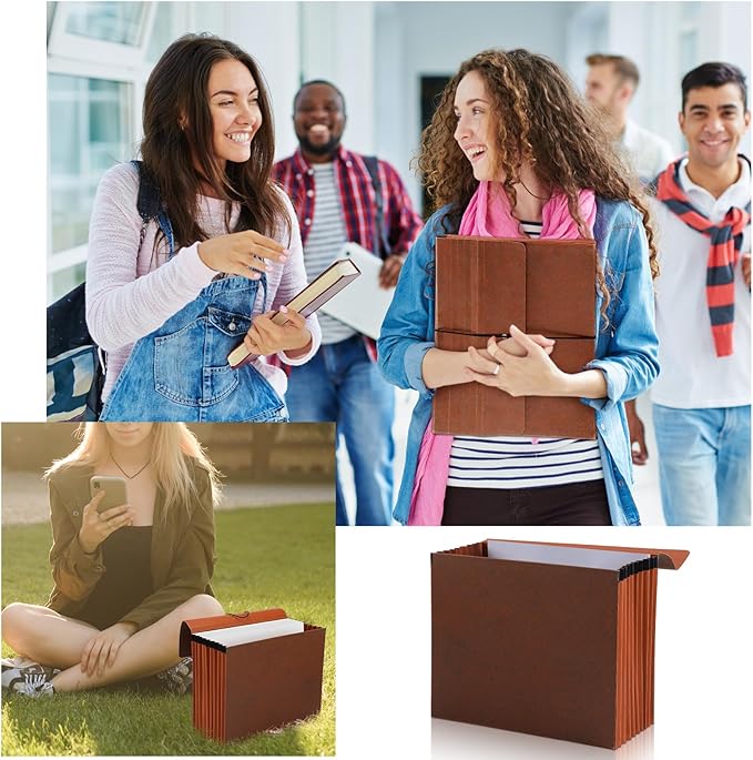 PerKoop 1 Pcs Expanding File Folder with Flap 7 Inch Expansion Expanding File Wallet with Elastic Cord Closure Letter Size Heavy Duty Document Organizer, 10 Slots, Brown