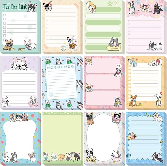12 Pcs French Dog Sticky Notes Kawaii Notepads 3x4 Inch Adhesive Dog Gifts for Frenchie Lovers to Do List for Memo Reminder for Office Home Supplies Christmas Small Gift