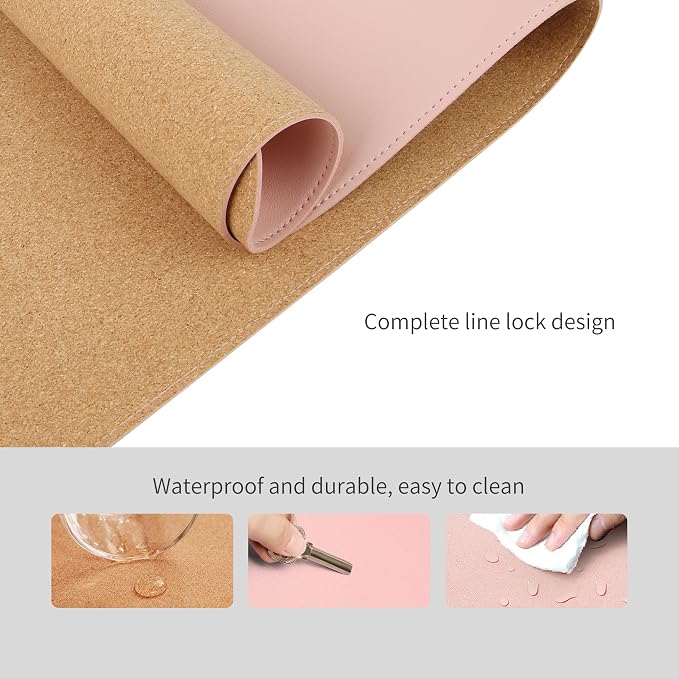 RENMTURE Dual-Sided Mouse Pad, Natural Cork & PU Leather Large Desk Pad for Office and Home Work, Desk Protector Non-Slip, Waterproof, Easy Clean (Pink, 47"x17")