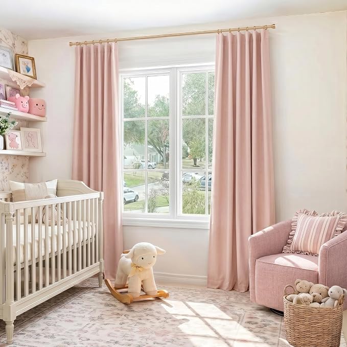 INOVADAY 100% Blackout Curtains for Bedroom, Blush Pink Black Out Curtains 108 Inch Long, Clip Rings Linen Blackout Drapes, Thermal Insulated Room Darkening for Living Room, 2 Panels - W50xL108