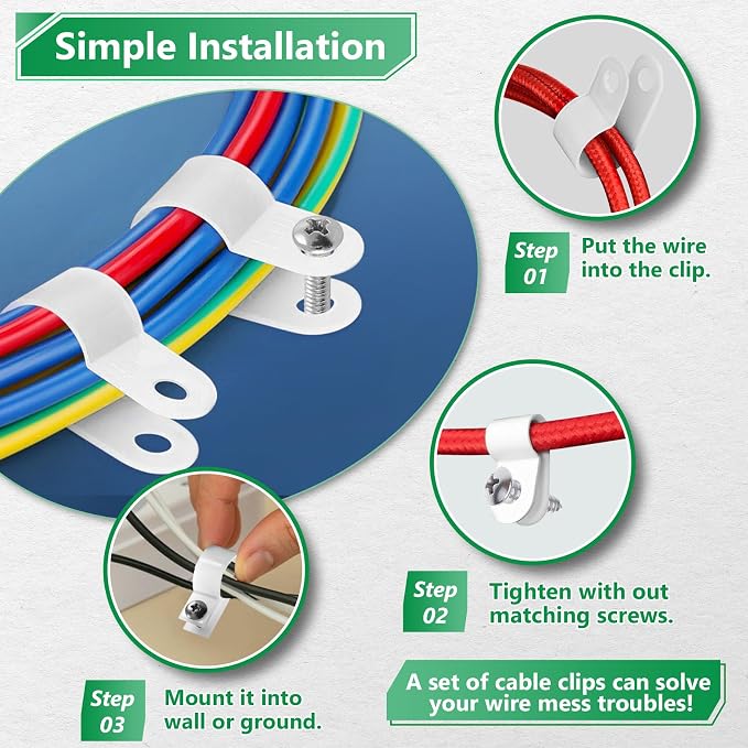 290 Pcs White R-Type Nylon Cable Clamps with M4 Screws Kit | Good Ductility, Fireproof, 6 Sizes (3/16'' 1/4'' 3/8'' 1/2'' 3/4'' 1''), 145pcs M4 Screws, for TV/PC/AC Cables & Wires.