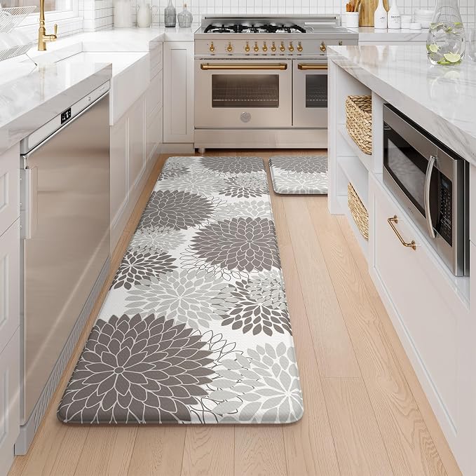 KIMODE Anti Fatigue Kitchen Mats for Floor Cushioned Kitchen Rugs Sets of 2 | 17"x59"+17"x29",Floral,Grey,Non-slip,Waterproof,Kitchen Runner Rug,Comfort Foam Paded Mat for Floors Office Laundry Sink