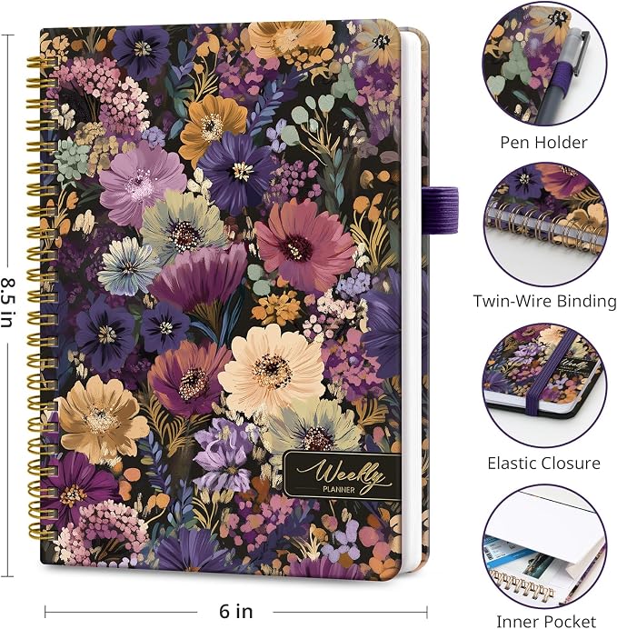 Taja Undated Weekly Planner, Weekly To Do List Notebook with Goal & Habit Tracker Organizer, A5 Weekly Planner Notebook with Spiral Binding, 6.1" x 8.2" - Midnight Bloom